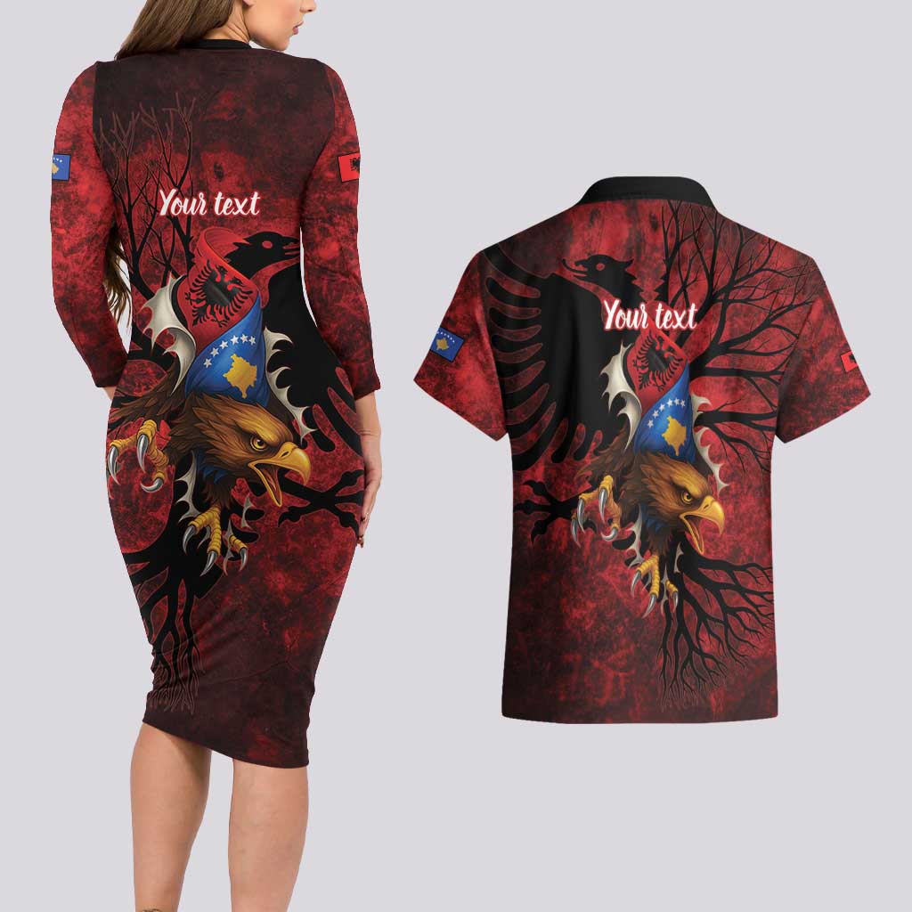 Personalized Kosova Albanian Roots Couples Matching Long Sleeve Bodycon Dress and Hawaiian Shirt Kosova Albanian Eagle Flag - Wonder Print Shop