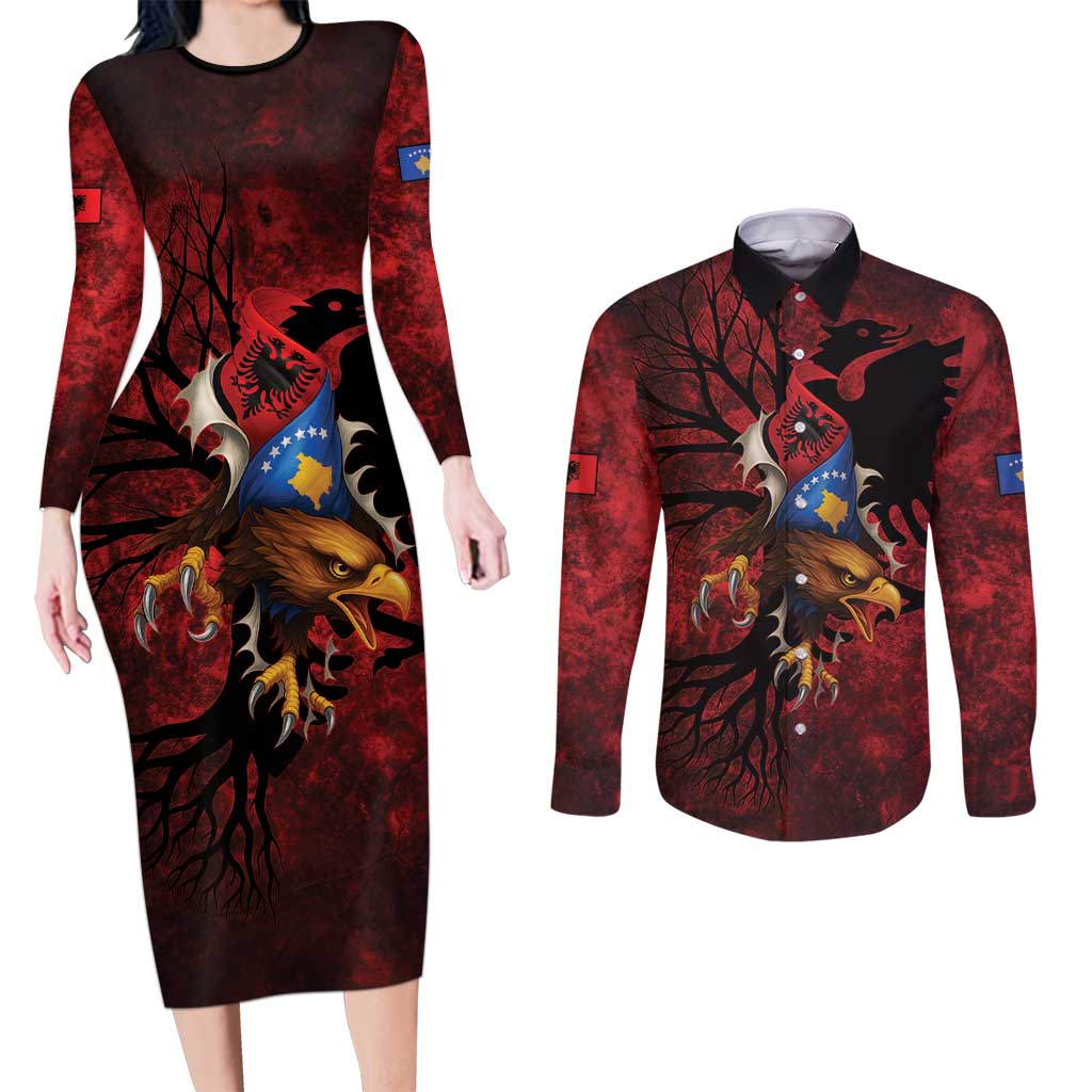 Personalized Kosova Albanian Roots Couples Matching Long Sleeve Bodycon Dress and Long Sleeve Button Shirt Kosova Albanian Eagle Flag - Wonder Print Shop