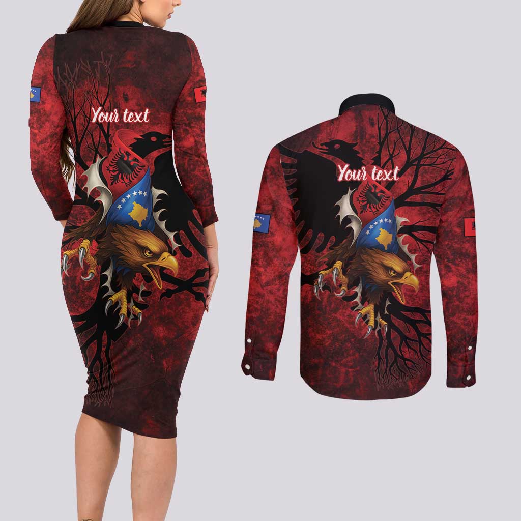 Personalized Kosova Albanian Roots Couples Matching Long Sleeve Bodycon Dress and Long Sleeve Button Shirt Kosova Albanian Eagle Flag - Wonder Print Shop