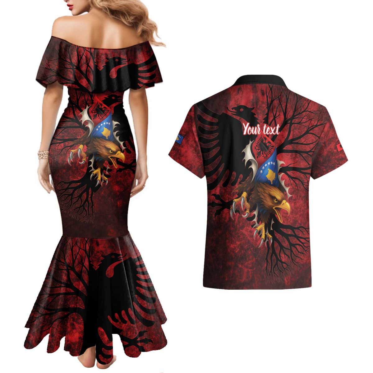 Personalized Kosova Albanian Roots Couples Matching Mermaid Dress and Hawaiian Shirt Kosova Albanian Eagle Flag - Wonder Print Shop
