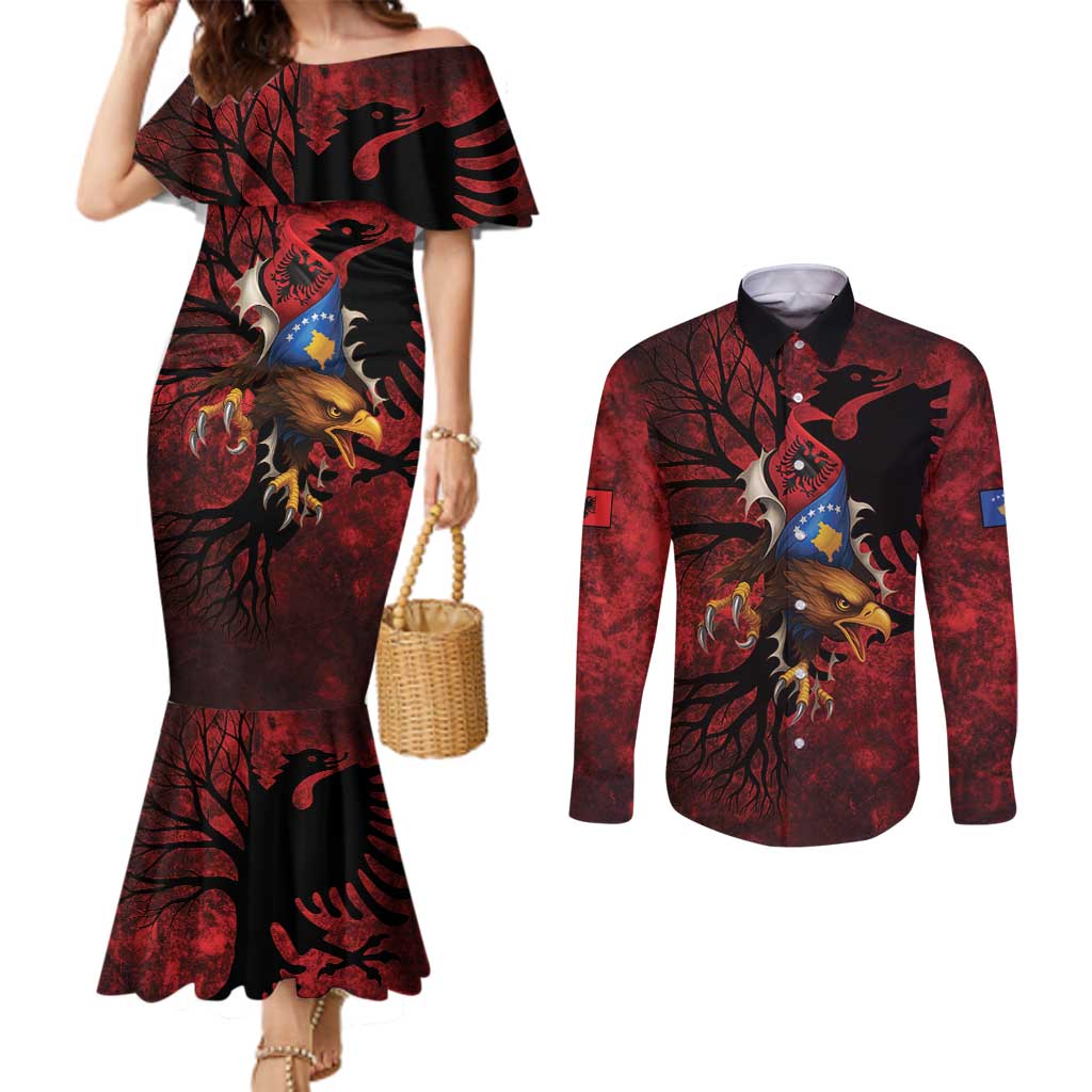 Personalized Kosova Albanian Roots Couples Matching Mermaid Dress and Long Sleeve Button Shirt Kosova Albanian Eagle Flag - Wonder Print Shop