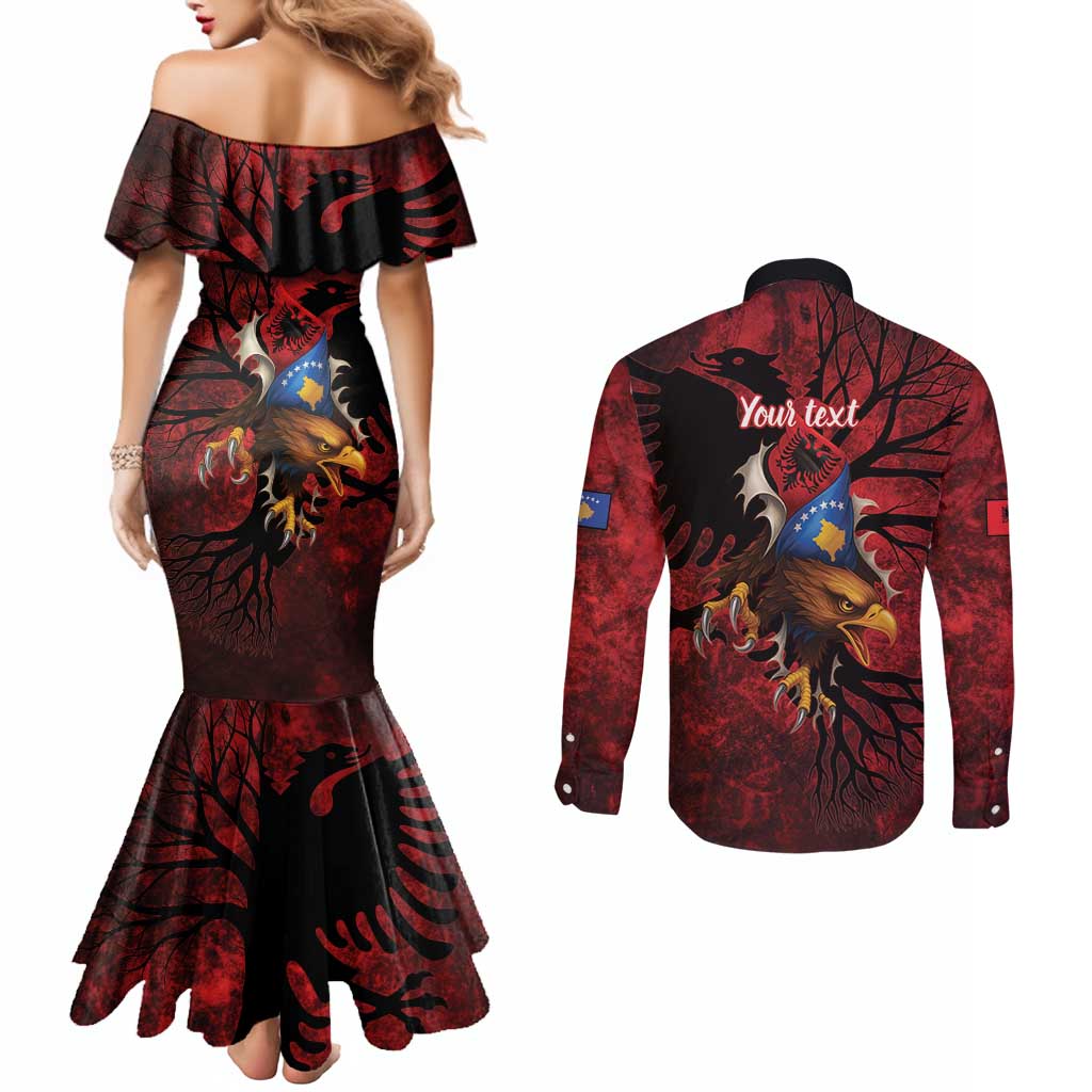 Personalized Kosova Albanian Roots Couples Matching Mermaid Dress and Long Sleeve Button Shirt Kosova Albanian Eagle Flag - Wonder Print Shop