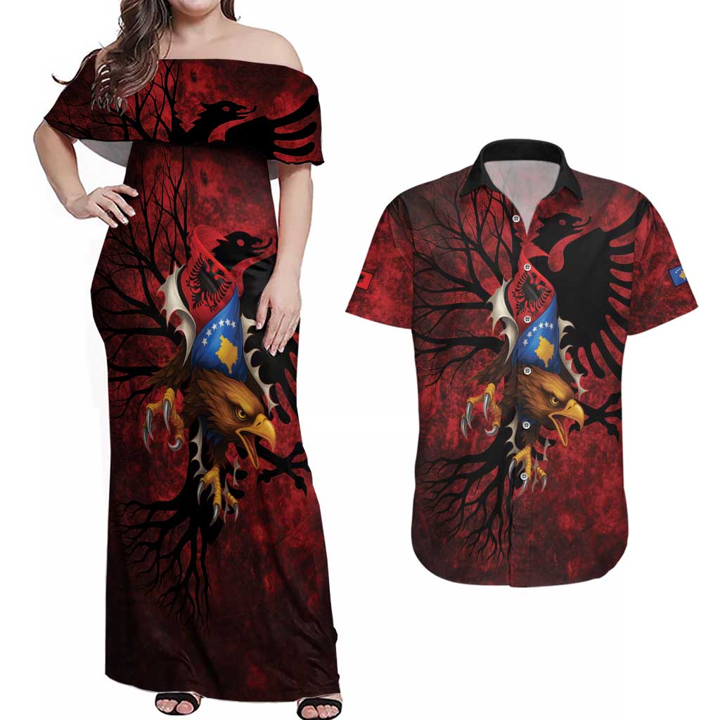 Personalized Kosova Albanian Roots Couples Matching Off Shoulder Maxi Dress and Hawaiian Shirt Kosova Albanian Eagle Flag - Wonder Print Shop
