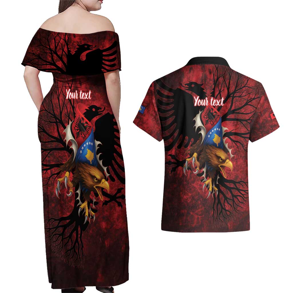 Personalized Kosova Albanian Roots Couples Matching Off Shoulder Maxi Dress and Hawaiian Shirt Kosova Albanian Eagle Flag - Wonder Print Shop