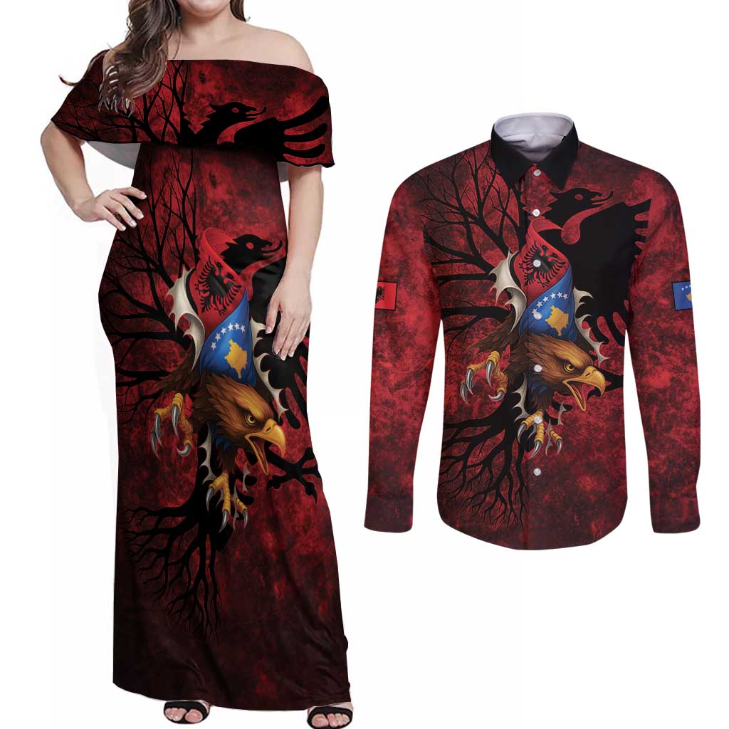 Personalized Kosova Albanian Roots Couples Matching Off Shoulder Maxi Dress and Long Sleeve Button Shirt Kosova Albanian Eagle Flag - Wonder Print Shop