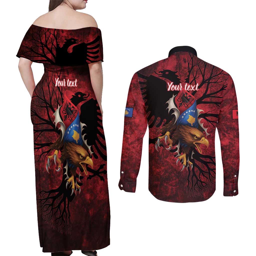 Personalized Kosova Albanian Roots Couples Matching Off Shoulder Maxi Dress and Long Sleeve Button Shirt Kosova Albanian Eagle Flag - Wonder Print Shop