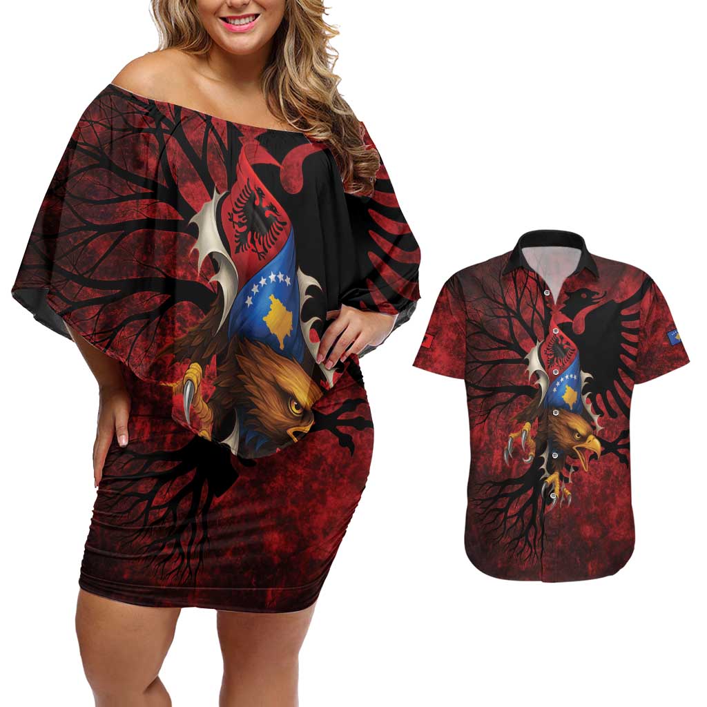 Personalized Kosova Albanian Roots Couples Matching Off Shoulder Short Dress and Hawaiian Shirt Kosova Albanian Eagle Flag - Wonder Print Shop