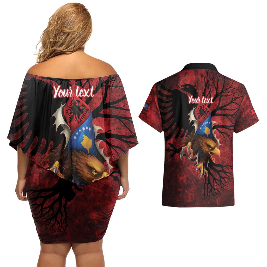 Personalized Kosova Albanian Roots Couples Matching Off Shoulder Short Dress and Hawaiian Shirt Kosova Albanian Eagle Flag - Wonder Print Shop