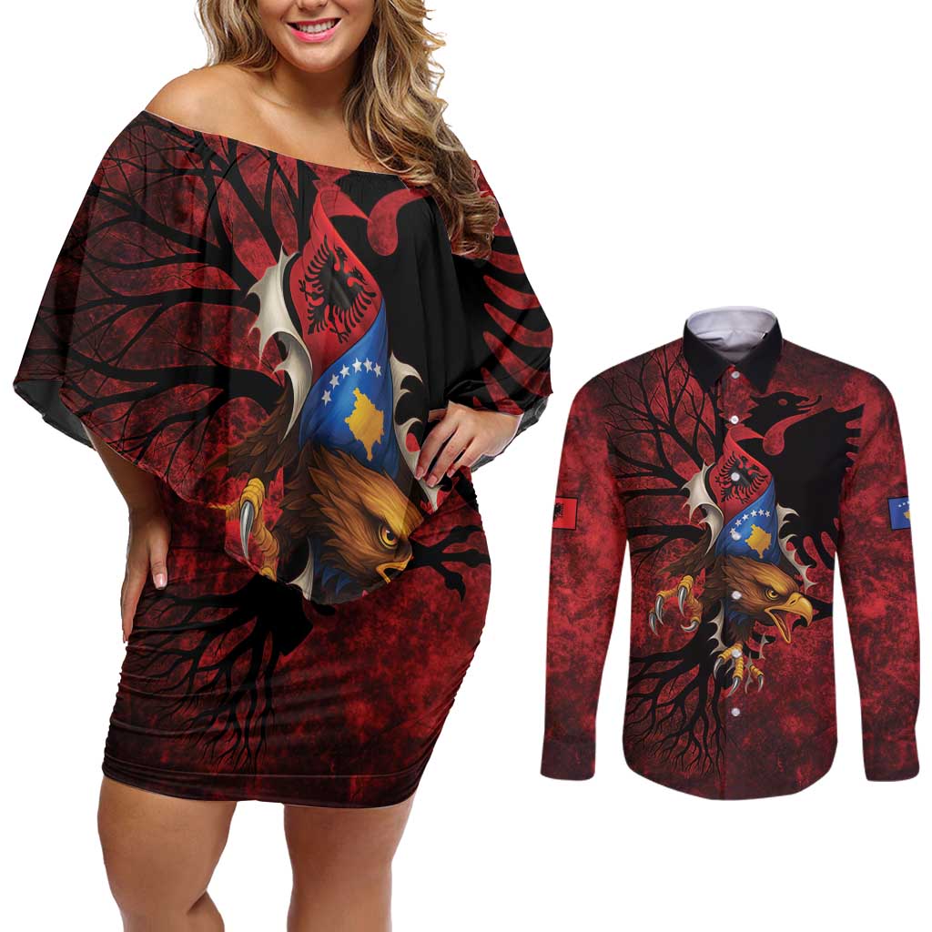 Personalized Kosova Albanian Roots Couples Matching Off Shoulder Short Dress and Long Sleeve Button Shirt Kosova Albanian Eagle Flag - Wonder Print Shop