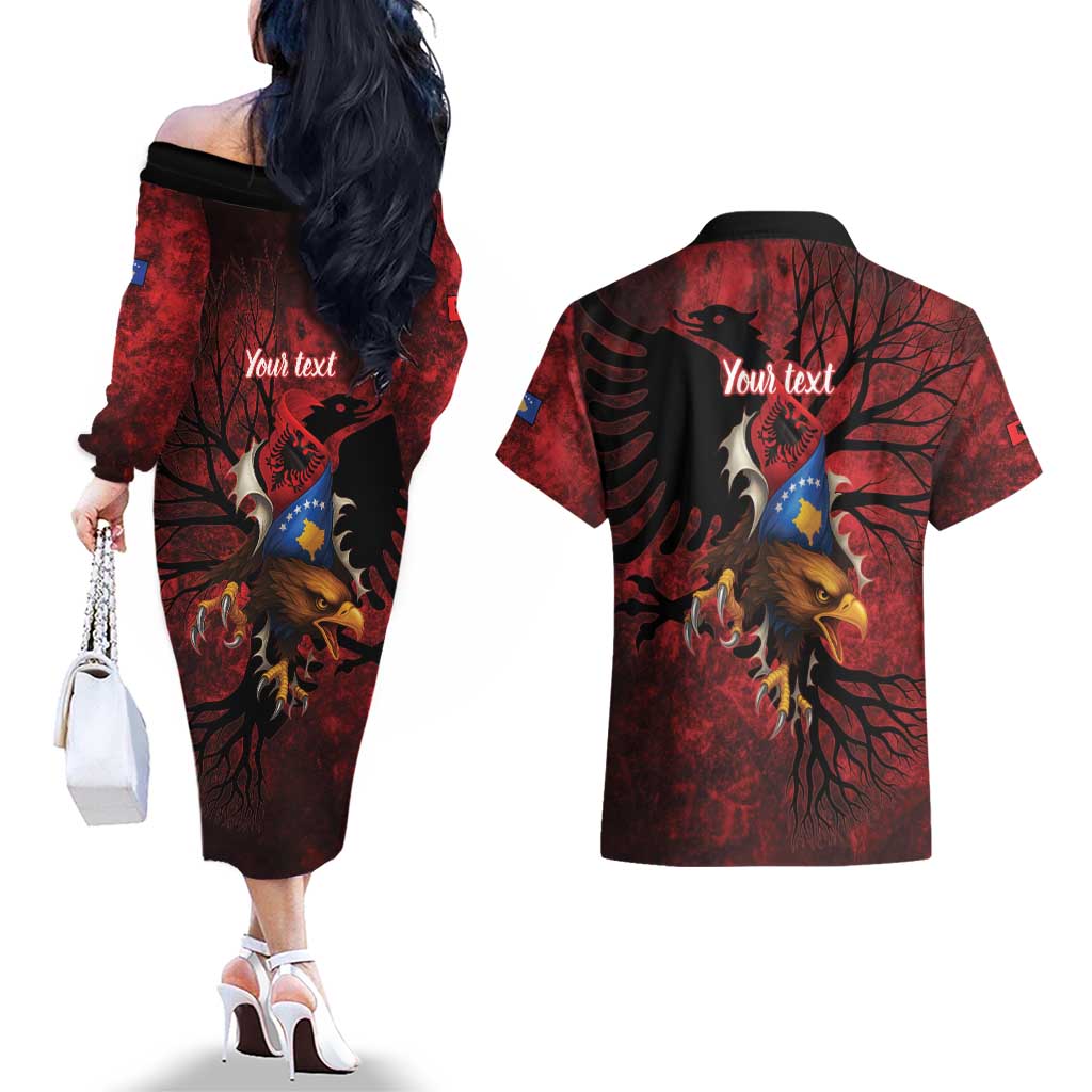 Personalized Kosova Albanian Roots Couples Matching Off The Shoulder Long Sleeve Dress and Hawaiian Shirt Kosova Albanian Eagle Flag - Wonder Print Shop