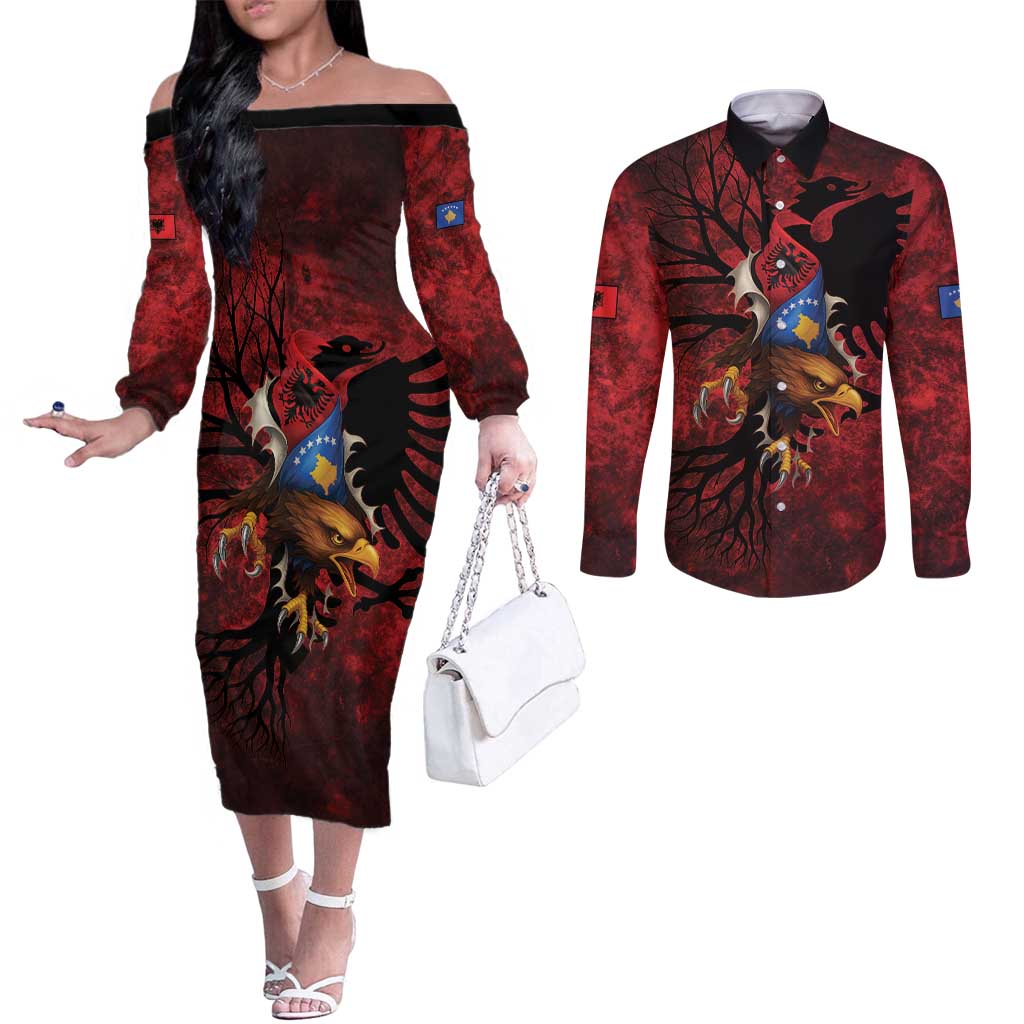 Personalized Kosova Albanian Roots Couples Matching Off The Shoulder Long Sleeve Dress and Long Sleeve Button Shirt Kosova Albanian Eagle Flag - Wonder Print Shop
