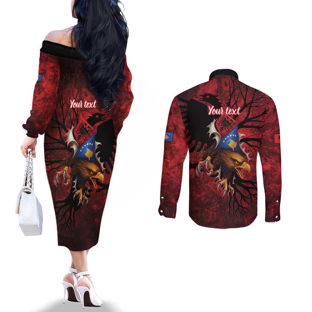 Personalized Kosova Albanian Roots Couples Matching Off The Shoulder Long Sleeve Dress and Long Sleeve Button Shirt Kosova Albanian Eagle Flag - Wonder Print Shop