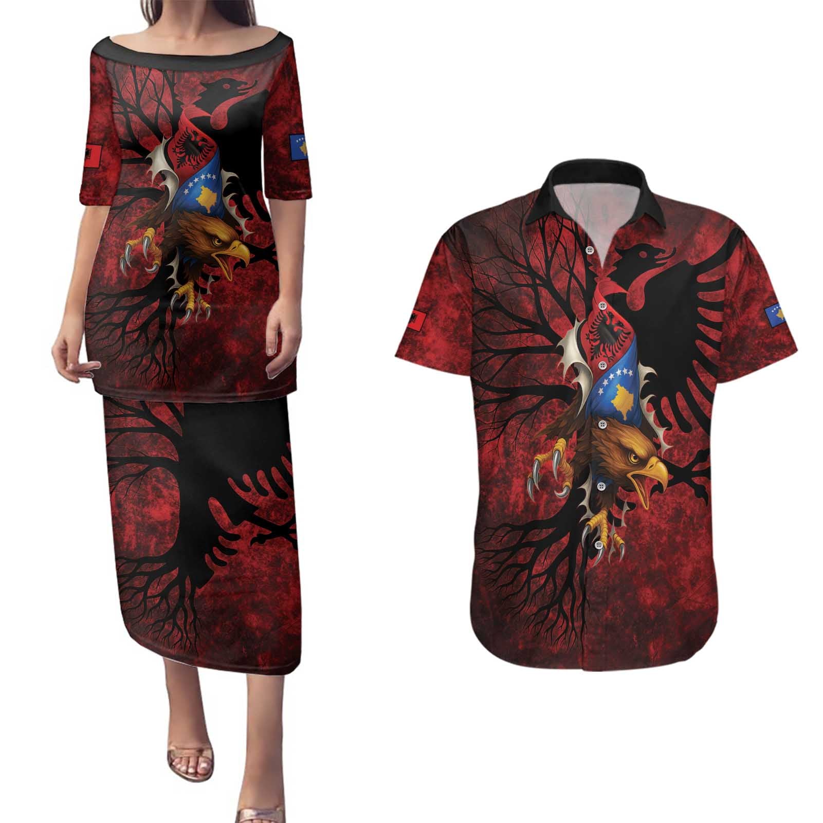 Personalized Kosova Albanian Roots Couples Matching Puletasi and Hawaiian Shirt Kosova Albanian Eagle Flag - Wonder Print Shop