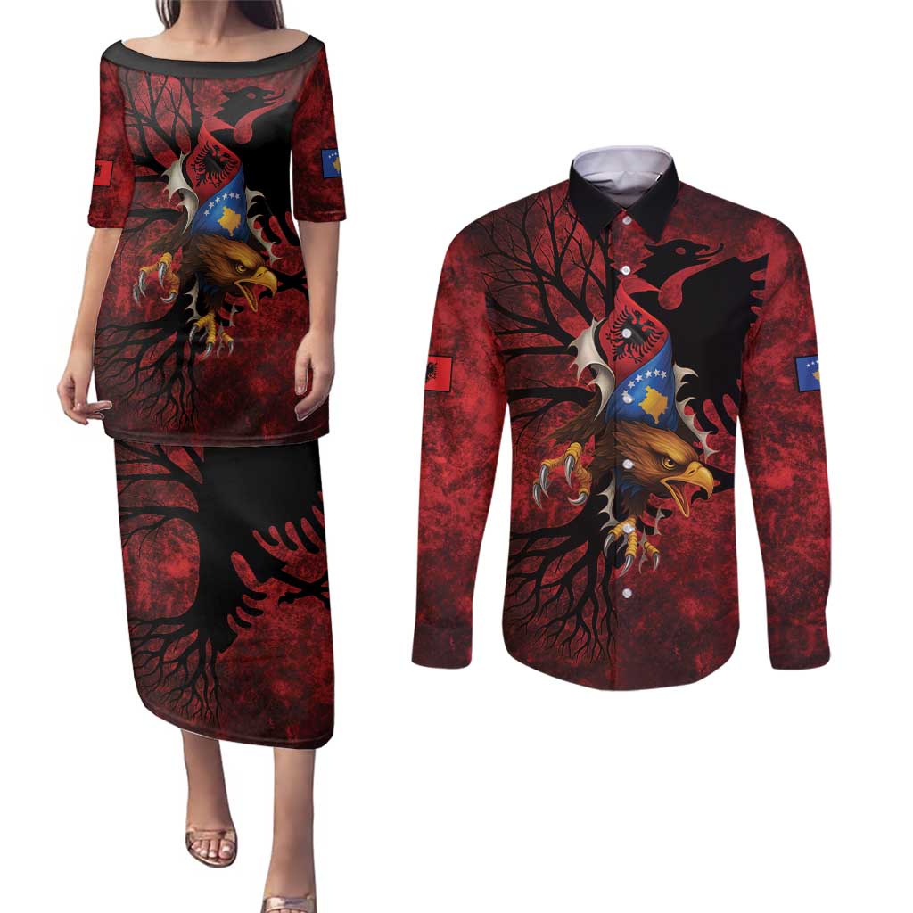 Personalized Kosova Albanian Roots Couples Matching Puletasi and Long Sleeve Button Shirt Kosova Albanian Eagle Flag - Wonder Print Shop