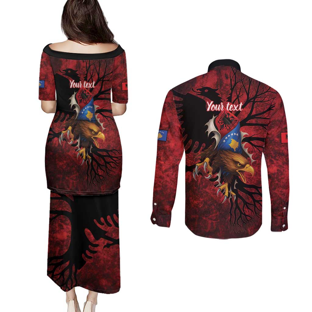 Personalized Kosova Albanian Roots Couples Matching Puletasi and Long Sleeve Button Shirt Kosova Albanian Eagle Flag - Wonder Print Shop
