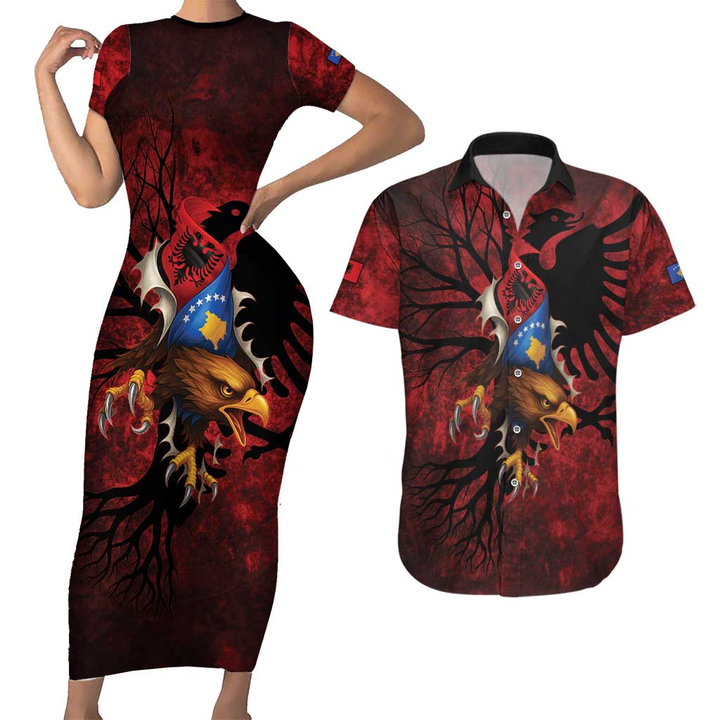 Personalized Kosova Albanian Roots Couples Matching Short Sleeve Bodycon Dress and Hawaiian Shirt Kosova Albanian Eagle Flag - Wonder Print Shop