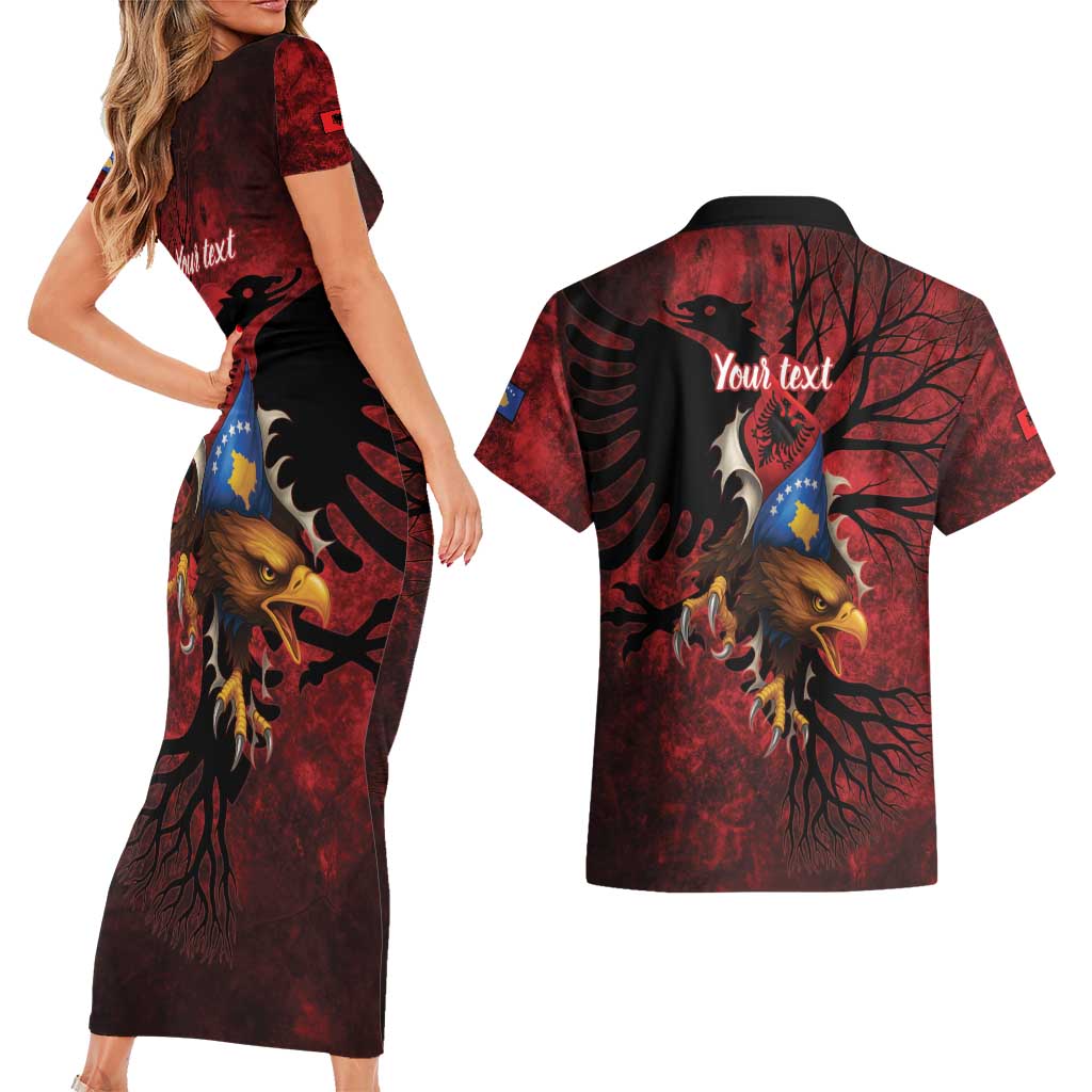 Personalized Kosova Albanian Roots Couples Matching Short Sleeve Bodycon Dress and Hawaiian Shirt Kosova Albanian Eagle Flag - Wonder Print Shop