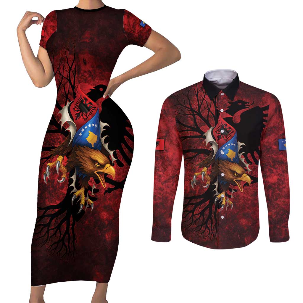 Personalized Kosova Albanian Roots Couples Matching Short Sleeve Bodycon Dress and Long Sleeve Button Shirt Kosova Albanian Eagle Flag - Wonder Print Shop