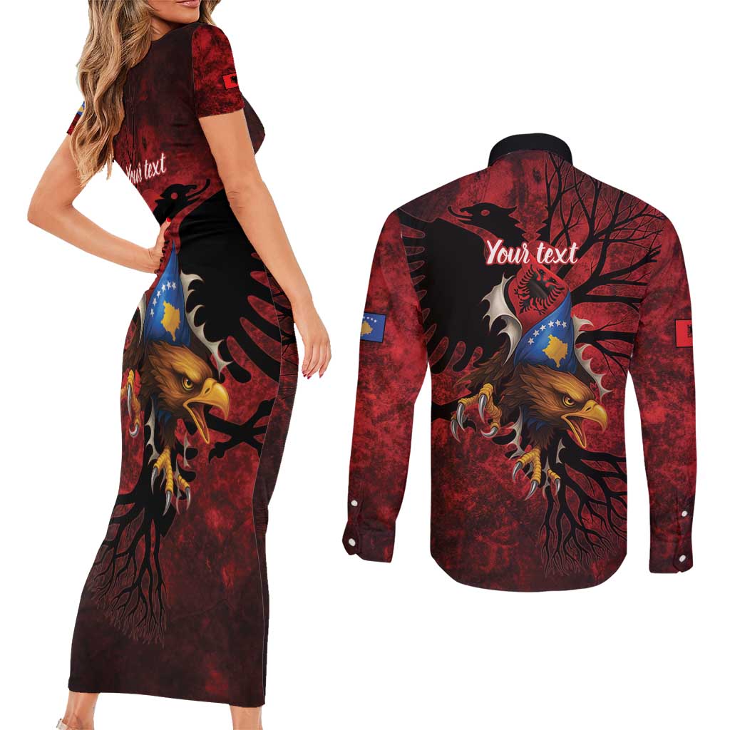 Personalized Kosova Albanian Roots Couples Matching Short Sleeve Bodycon Dress and Long Sleeve Button Shirt Kosova Albanian Eagle Flag - Wonder Print Shop