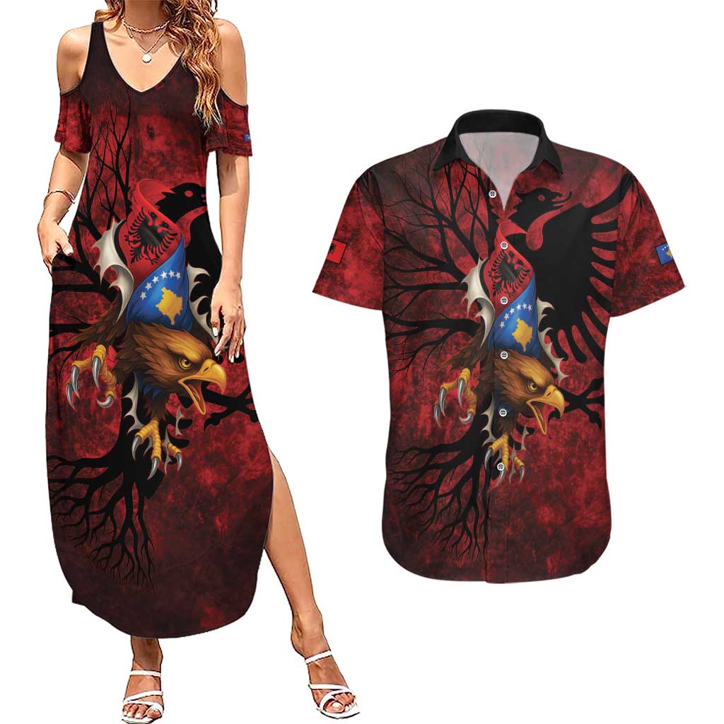 Personalized Kosova Albanian Roots Couples Matching Summer Maxi Dress and Hawaiian Shirt Kosova Albanian Eagle Flag - Wonder Print Shop