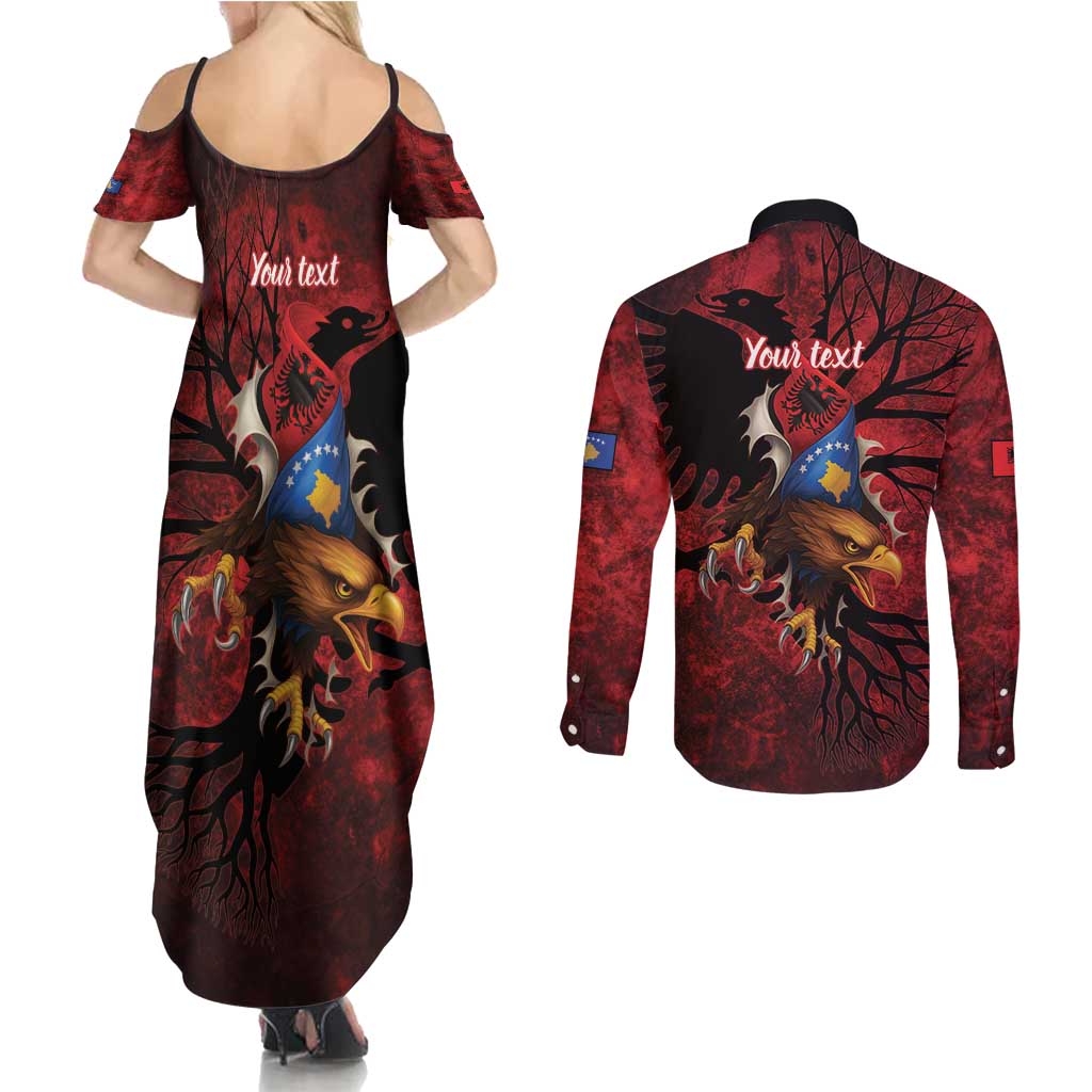 Personalized Kosova Albanian Roots Couples Matching Summer Maxi Dress and Long Sleeve Button Shirt Kosova Albanian Eagle Flag - Wonder Print Shop