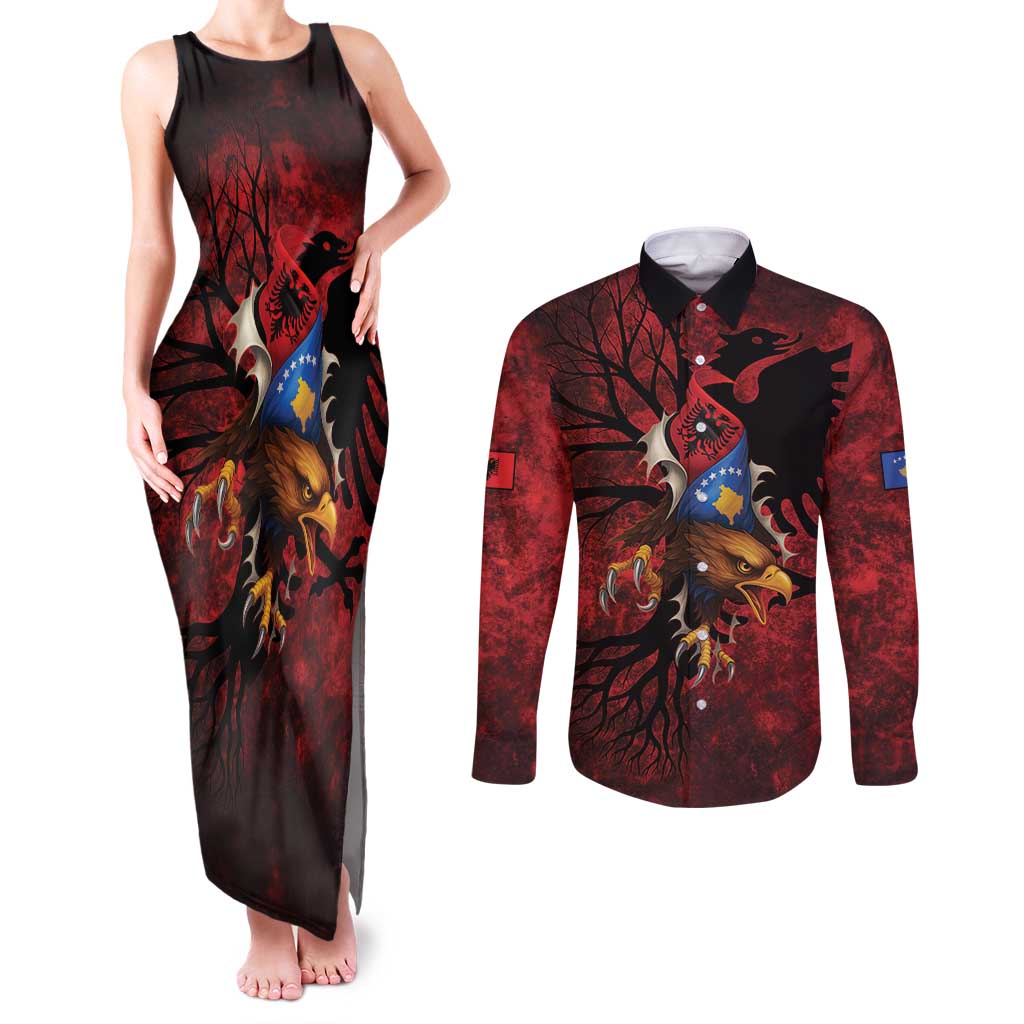 Personalized Kosova Albanian Roots Couples Matching Tank Maxi Dress and Long Sleeve Button Shirt Kosova Albanian Eagle Flag - Wonder Print Shop