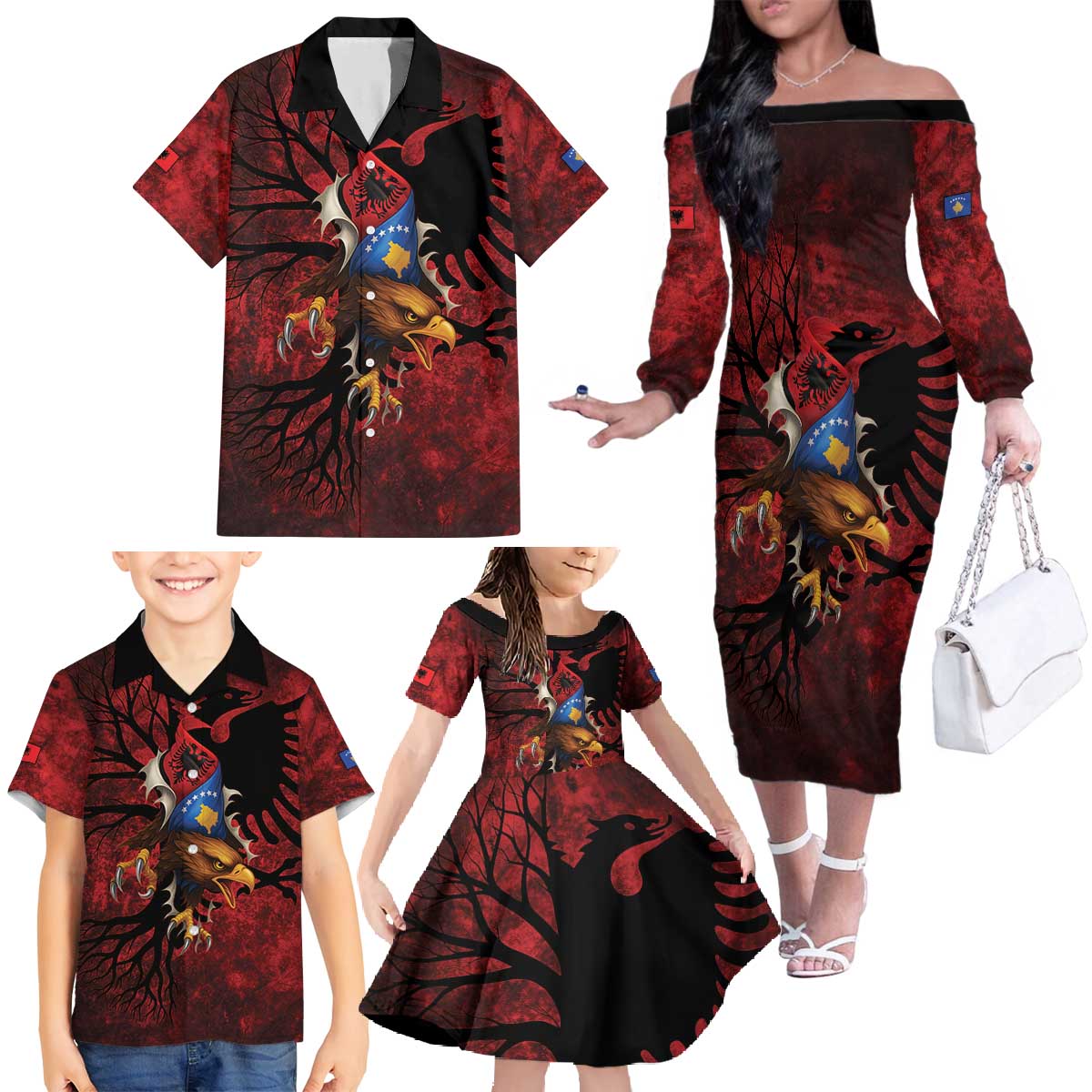 Personalized Kosova Albanian Roots Family Matching Off The Shoulder Long Sleeve Dress and Hawaiian Shirt Kosova Albanian Eagle Flag - Wonder Print Shop