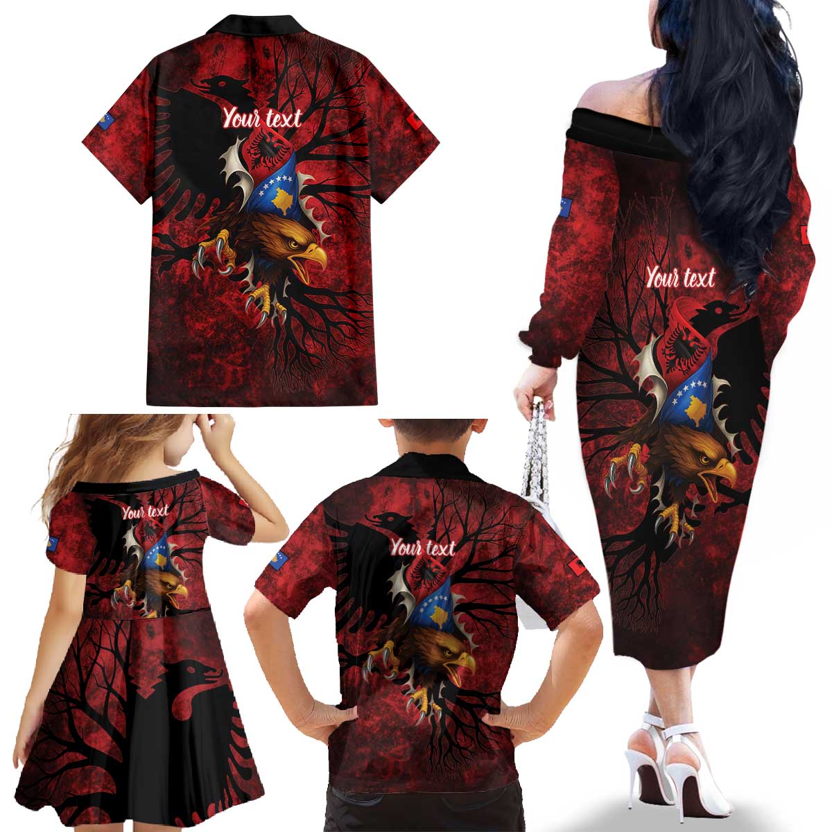Personalized Kosova Albanian Roots Family Matching Off The Shoulder Long Sleeve Dress and Hawaiian Shirt Kosova Albanian Eagle Flag - Wonder Print Shop