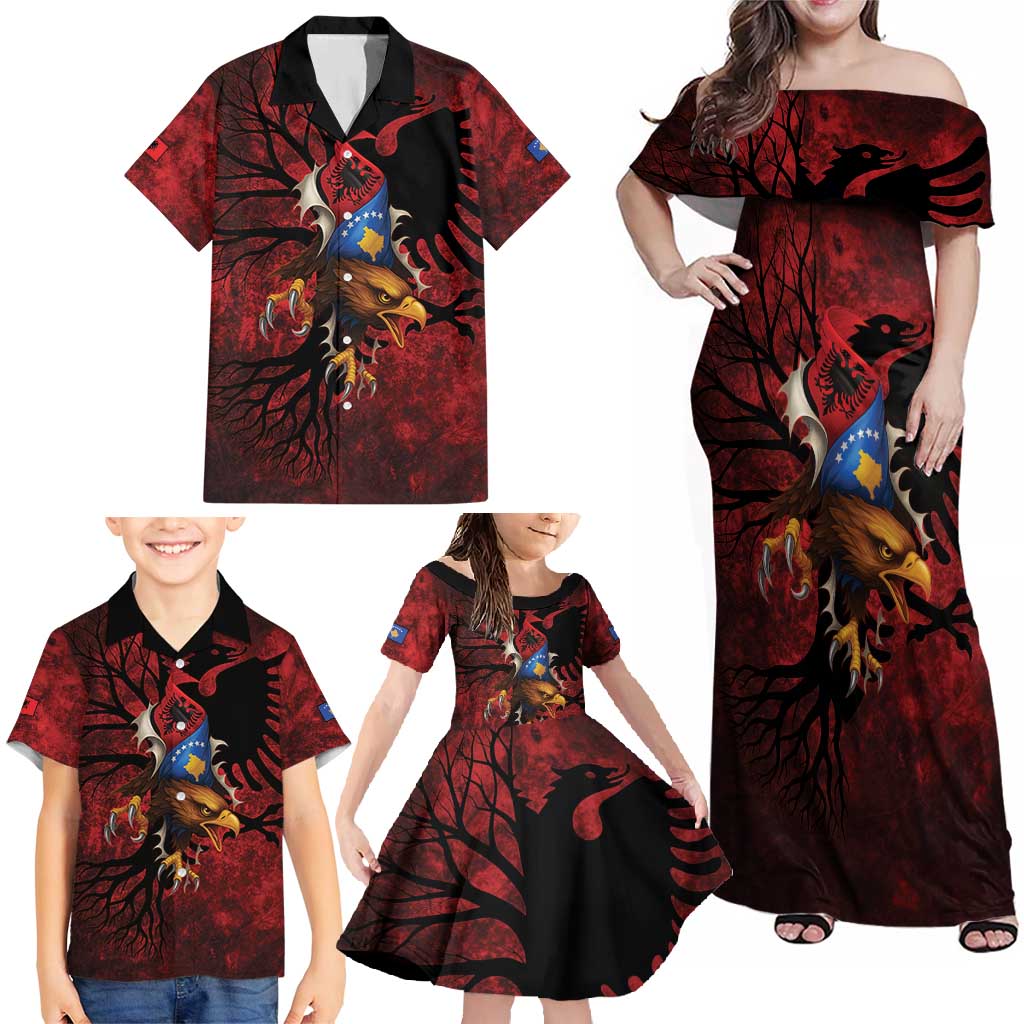 Personalized Kosova Albanian Roots Family Matching Off Shoulder Maxi Dress and Hawaiian Shirt Kosova Albanian Eagle Flag - Wonder Print Shop