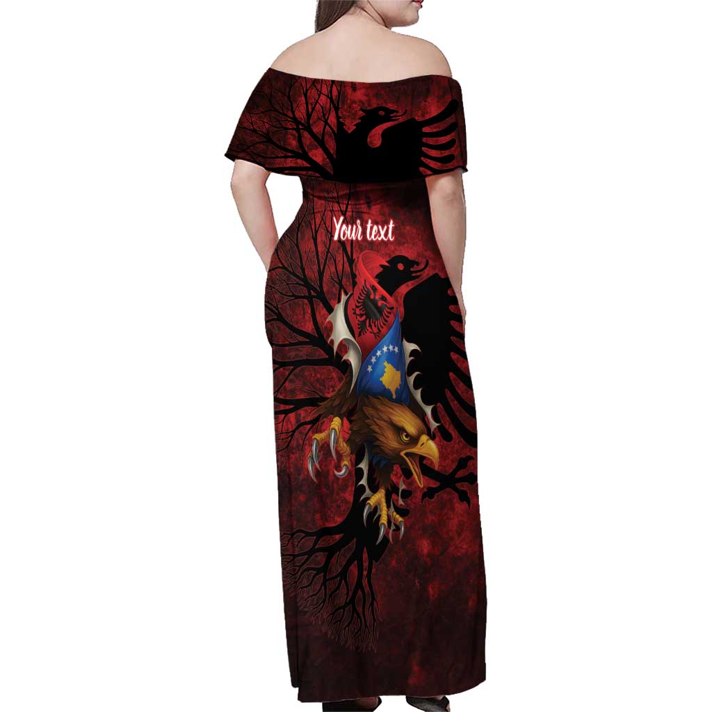 Personalized Kosova Albanian Roots Family Matching Off Shoulder Maxi Dress and Hawaiian Shirt Kosova Albanian Eagle Flag - Wonder Print Shop