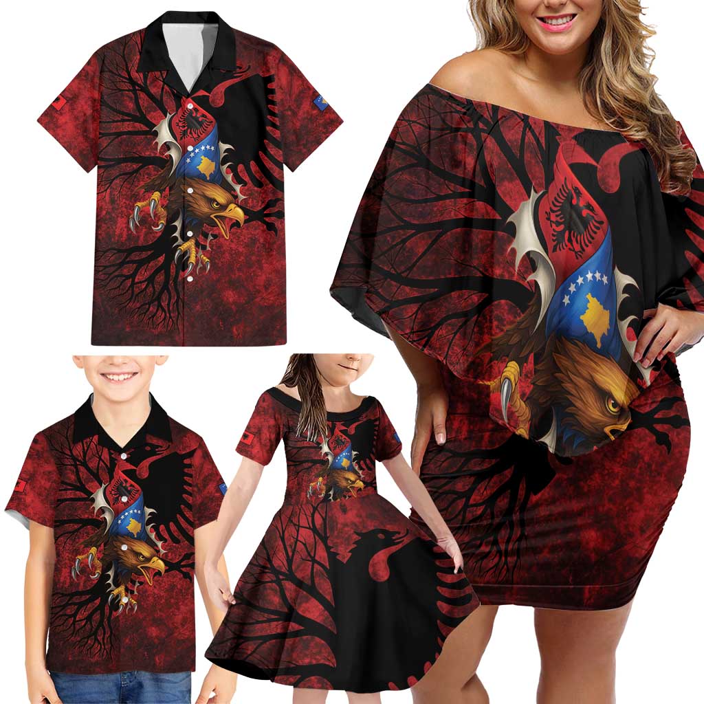 Personalized Kosova Albanian Roots Family Matching Off Shoulder Short Dress and Hawaiian Shirt Kosova Albanian Eagle Flag - Wonder Print Shop