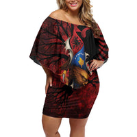 Personalized Kosova Albanian Roots Family Matching Off Shoulder Short Dress and Hawaiian Shirt Kosova Albanian Eagle Flag - Wonder Print Shop