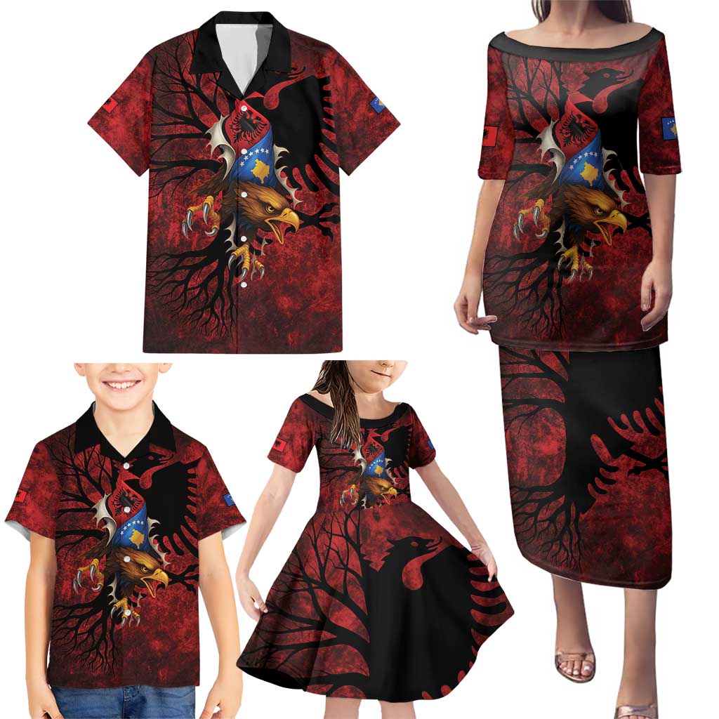 Personalized Kosova Albanian Roots Family Matching Puletasi and Hawaiian Shirt Kosova Albanian Eagle Flag - Wonder Print Shop