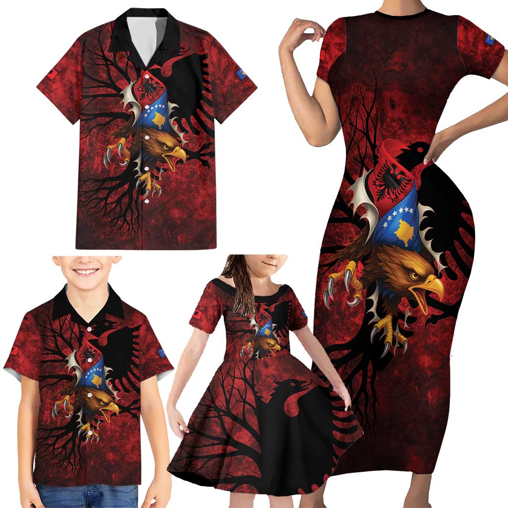 Personalized Kosova Albanian Roots Family Matching Short Sleeve Bodycon Dress and Hawaiian Shirt Kosova Albanian Eagle Flag - Wonder Print Shop