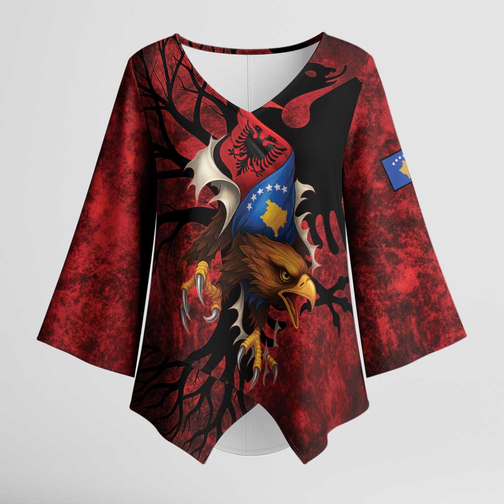 Personalized Kosova Albanian Roots Kimono Sleeve Blouse Kosova Albanian Eagle Flag - Wonder Print Shop