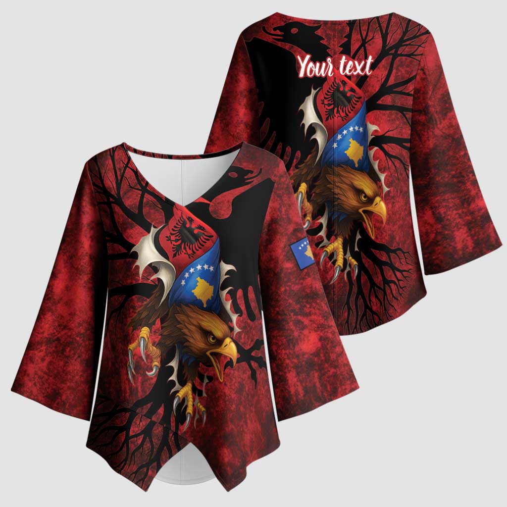 Personalized Kosova Albanian Roots Kimono Sleeve Blouse Kosova Albanian Eagle Flag - Wonder Print Shop