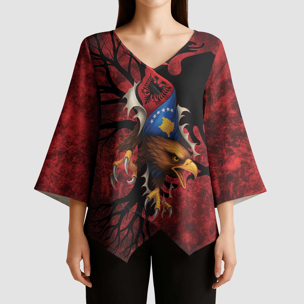 Personalized Kosova Albanian Roots Kimono Sleeve Blouse Kosova Albanian Eagle Flag - Wonder Print Shop