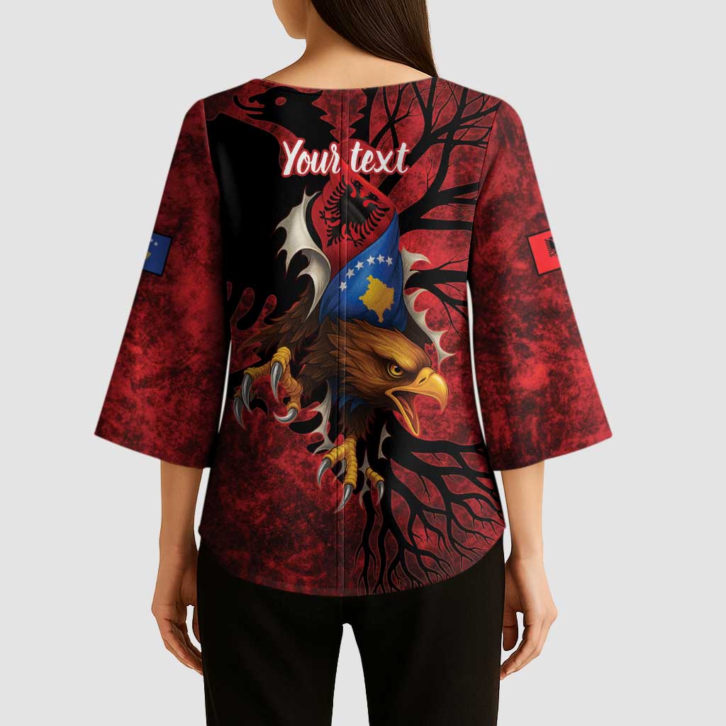 Personalized Kosova Albanian Roots Kimono Sleeve Blouse Kosova Albanian Eagle Flag - Wonder Print Shop