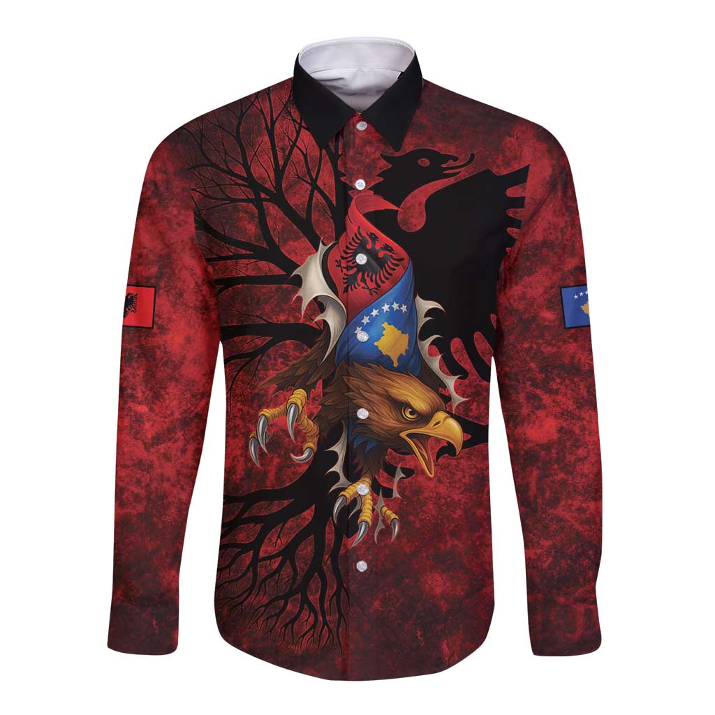 Personalized Kosova Albanian Roots Long Sleeve Button Shirt Kosova Albanian Eagle Flag - Wonder Print Shop