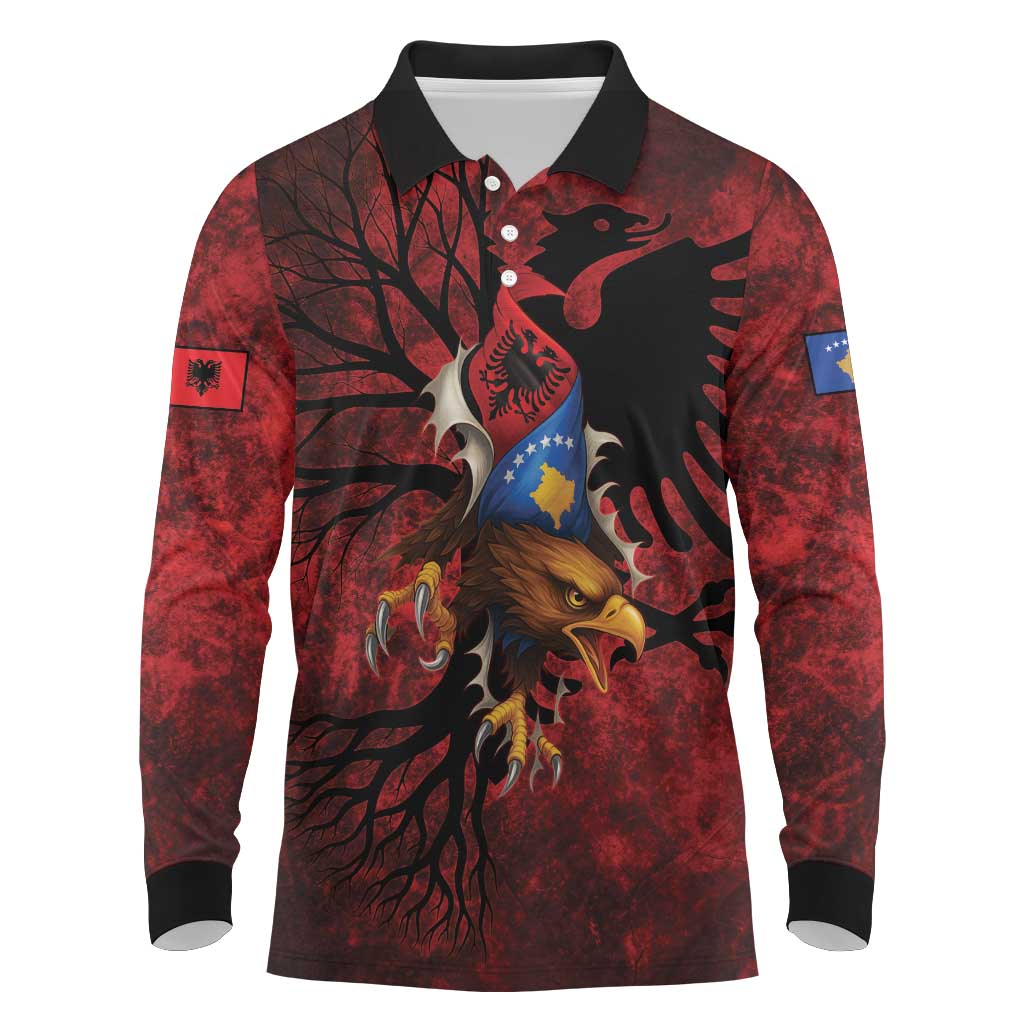 Personalized Kosova Albanian Roots Long Sleeve Polo Shirt Kosova Albanian Eagle Flag - Wonder Print Shop