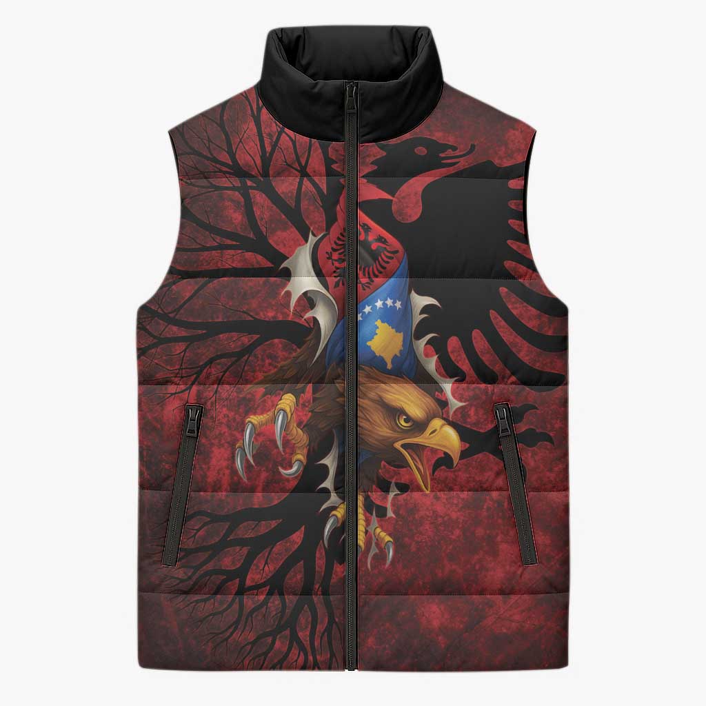Personalized Kosova Albanian Roots Sleeveless Puffer Jacket Kosova Albanian Eagle Flag - Wonder Print Shop