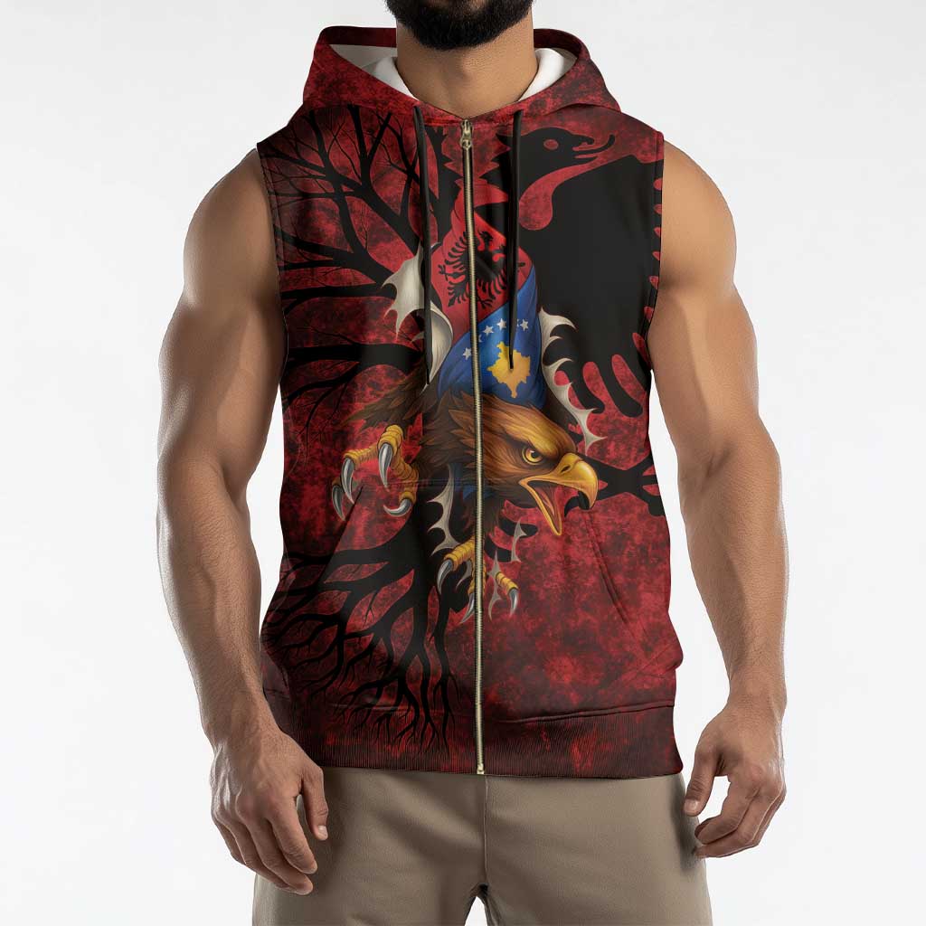 Personalized Kosova Albanian Roots Sleeveless Zip Hoodie Kosova Albanian Eagle Flag - Wonder Print Shop