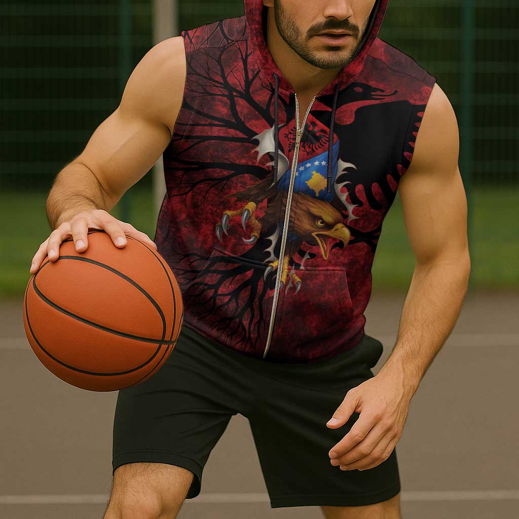 Personalized Kosova Albanian Roots Sleeveless Zip Hoodie Kosova Albanian Eagle Flag - Wonder Print Shop