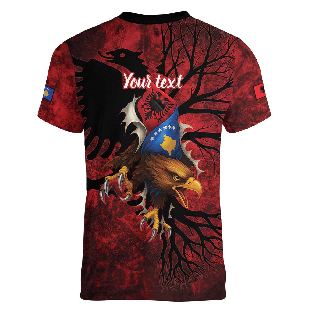 Personalized Kosova Albanian Roots Women V-Neck T-Shirt Kosova Albanian Eagle Flag - Wonder Print Shop