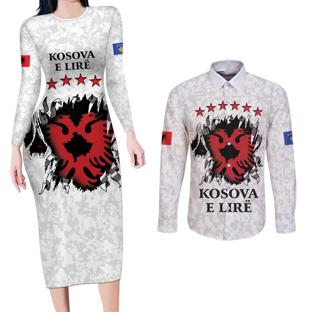 Personalized Kosova E Lire Couples Matching Long Sleeve Bodycon Dress and Long Sleeve Button Shirt Kosova Albanian Flag - Wonder Print Shop