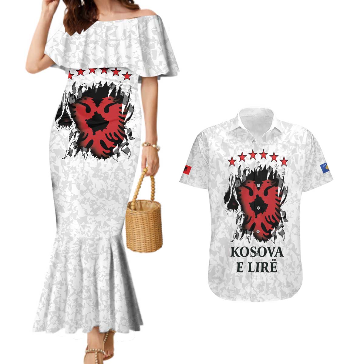Personalized Kosova E Lire Couples Matching Mermaid Dress and Hawaiian Shirt Kosova Albanian Flag - Wonder Print Shop