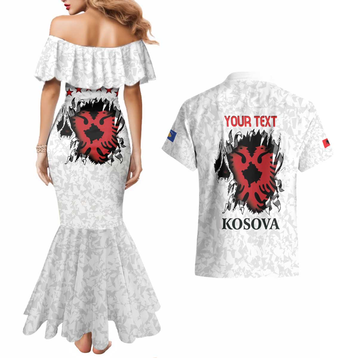 Personalized Kosova E Lire Couples Matching Mermaid Dress and Hawaiian Shirt Kosova Albanian Flag - Wonder Print Shop