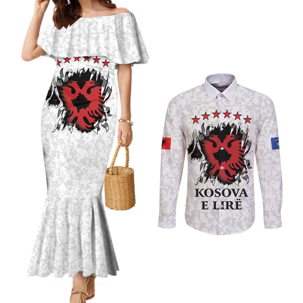Personalized Kosova E Lire Couples Matching Mermaid Dress and Long Sleeve Button Shirt Kosova Albanian Flag - Wonder Print Shop