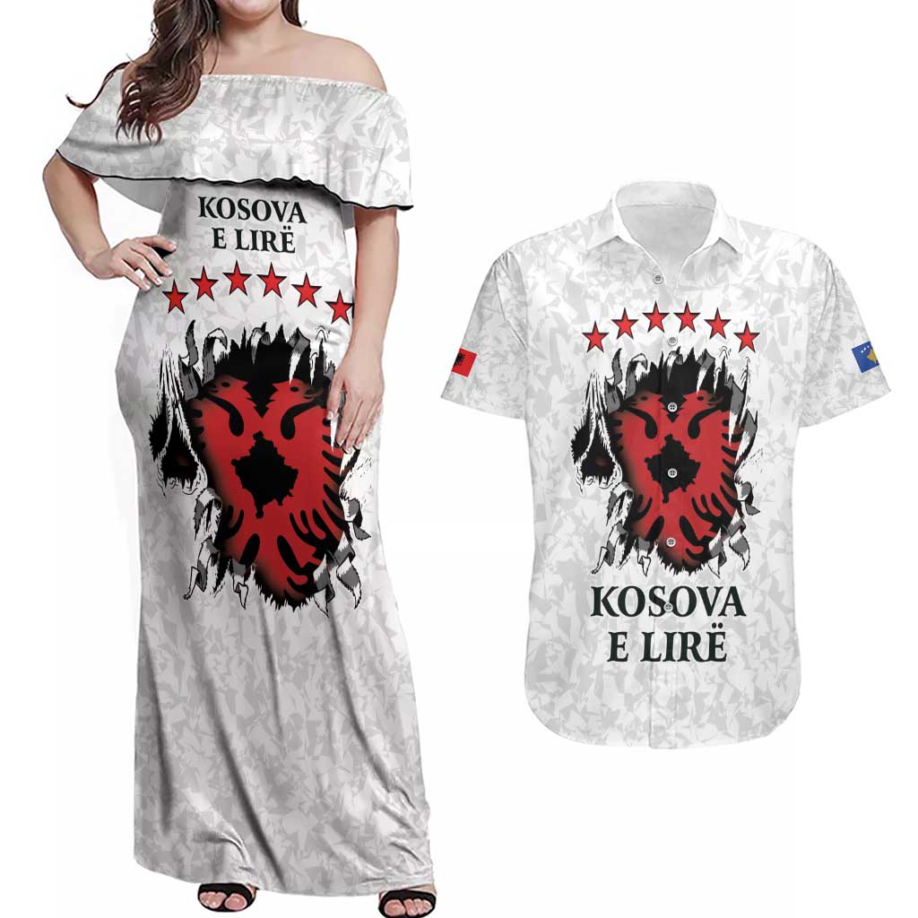 Personalized Kosova E Lire Couples Matching Off Shoulder Maxi Dress and Hawaiian Shirt Kosova Albanian Flag - Wonder Print Shop