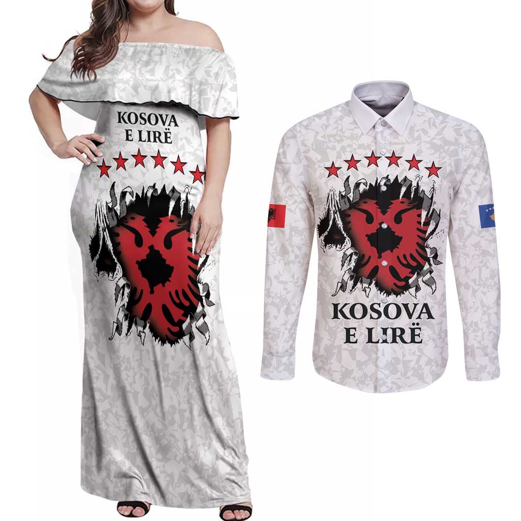 Personalized Kosova E Lire Couples Matching Off Shoulder Maxi Dress and Long Sleeve Button Shirt Kosova Albanian Flag - Wonder Print Shop